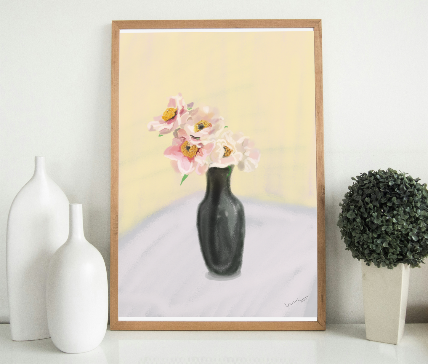 Black Vase with Pink Blooms - Digital Art Print