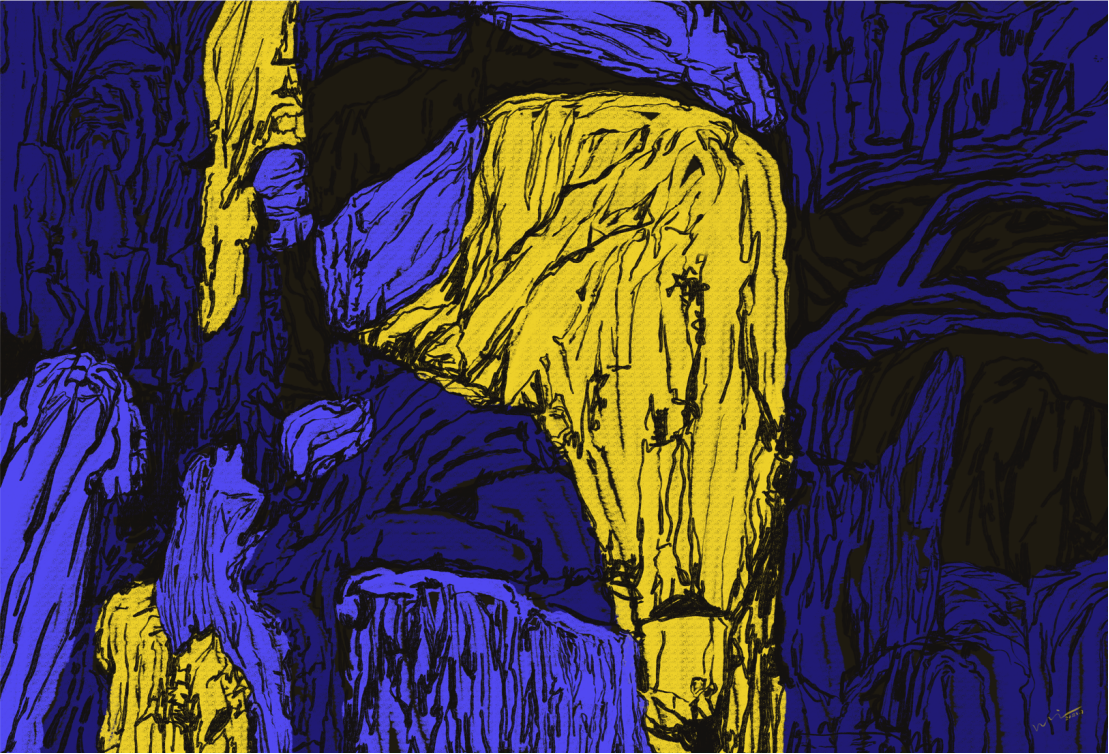 Blue–Yellow Stone Rhythm - Digital Art Print