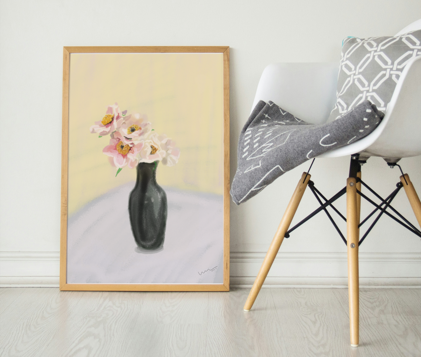 Black Vase with Pink Blooms - Digital Art Print